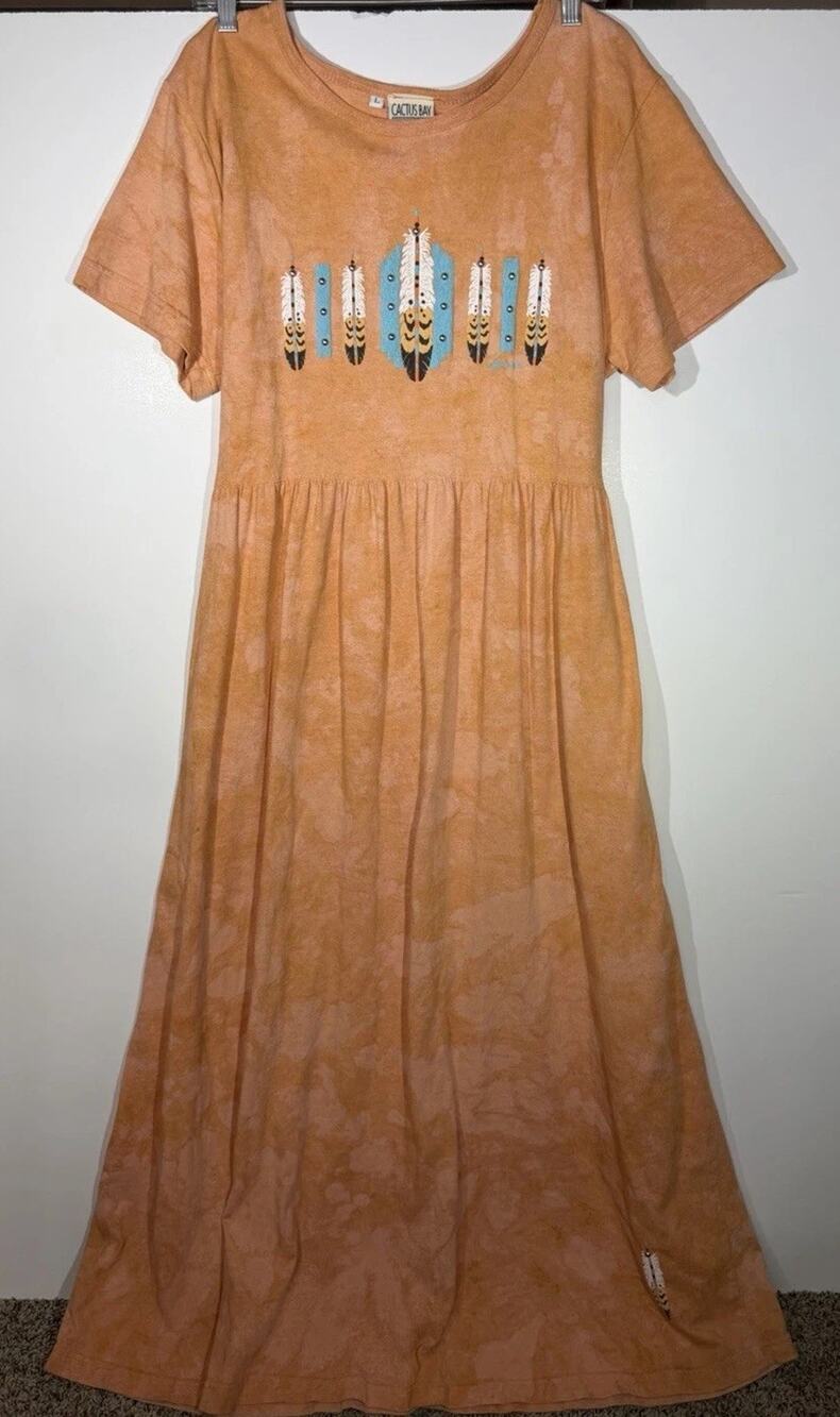 Y2K CACTUS BAY Apparel By Lynee Native Feathers Maxi Dress 100% Cotton Large